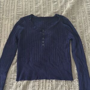 Navy Blue Ribbed Button-Up Women's Top